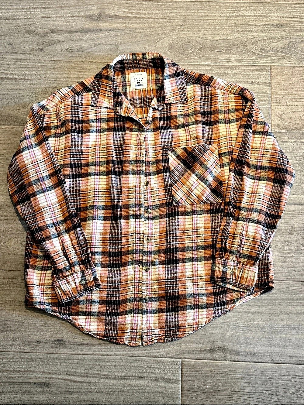 Billabong Cotton Plaid Flannel Shirt Orange & Pink Medium